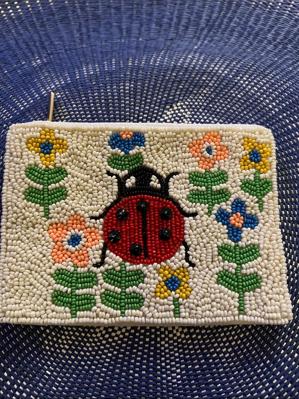 Beaded Ladybug Coin Purse in White, Red, Green